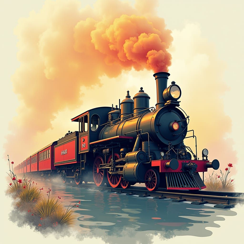 Misty Steam Train Line Art over Water