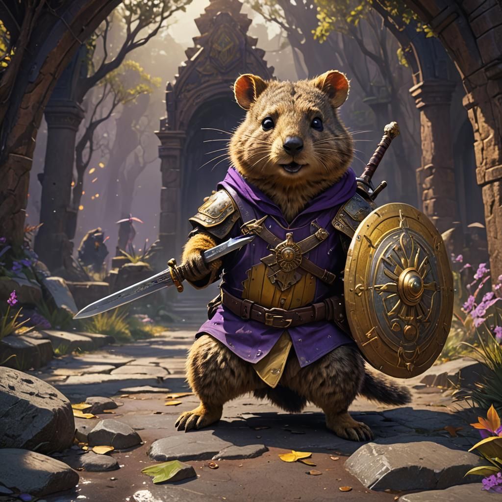 Quokka with Sword and Shield in Dark Fantasy Style