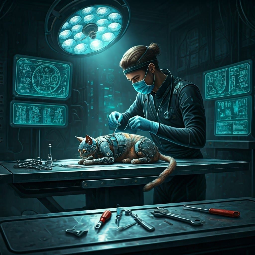Cybernetic Cat Surgery in Dystopian Future