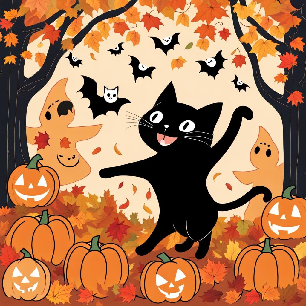 Black Cat's Halloween Dance with Ghosts