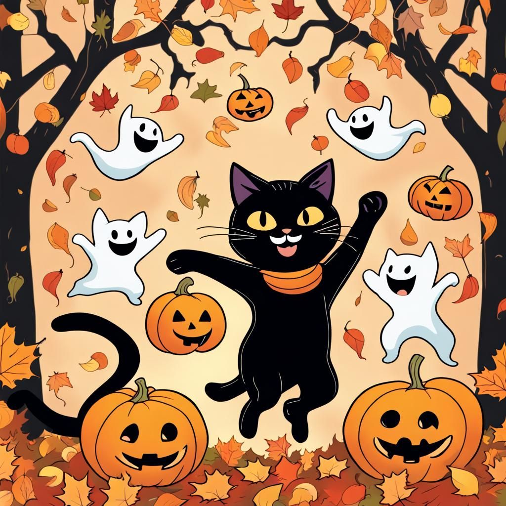 Whimsical Halloween Cat Dance in Autumn Leaves