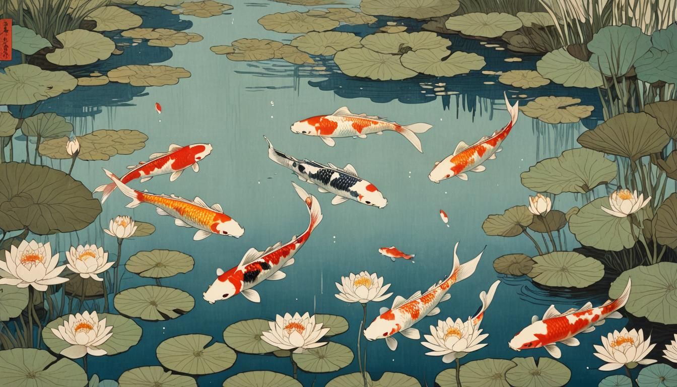 Koi in Water Garden: Ukiyo-e Style Woodblock Print