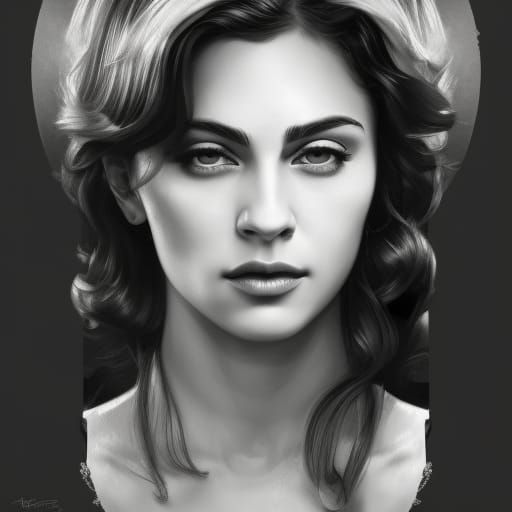 Black and white ink drawing of young Madonna