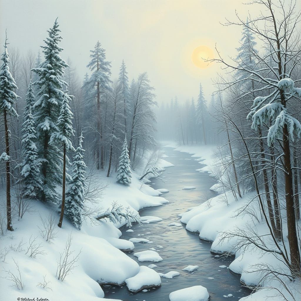 Winter Tundra and Taiga Landscape in Ethereal Style