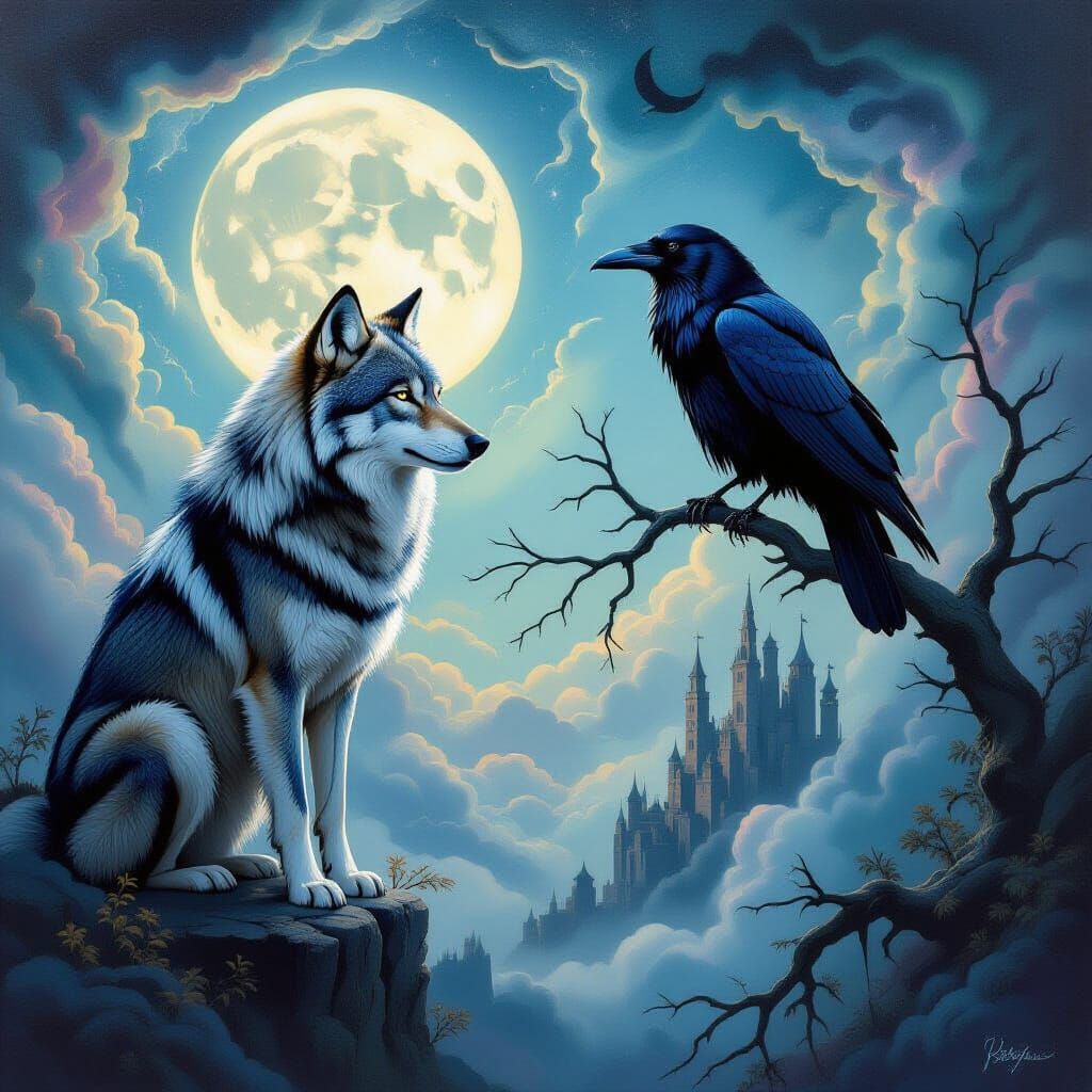 Surreal Dreamscape with Wolf and Raven