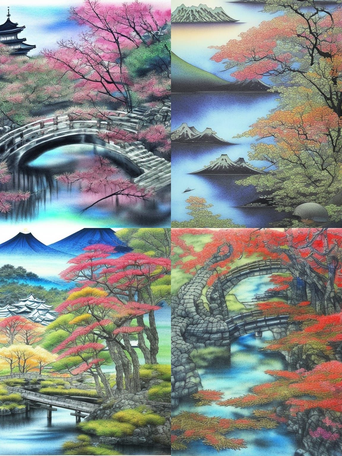 Japanese Tiered Landscape in Watercolor Ink