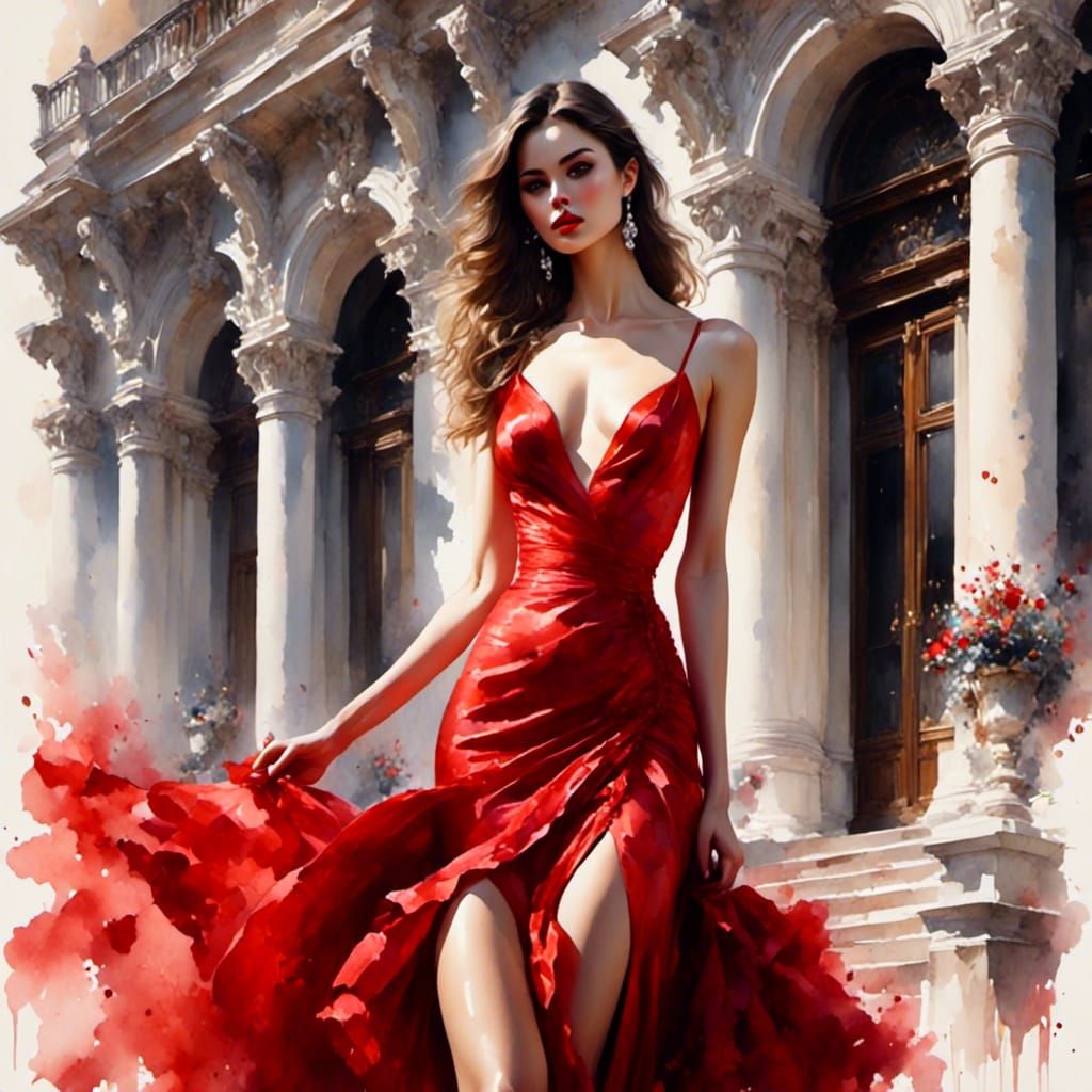 Watercolor Portrait of Alluring Woman in Red Dress