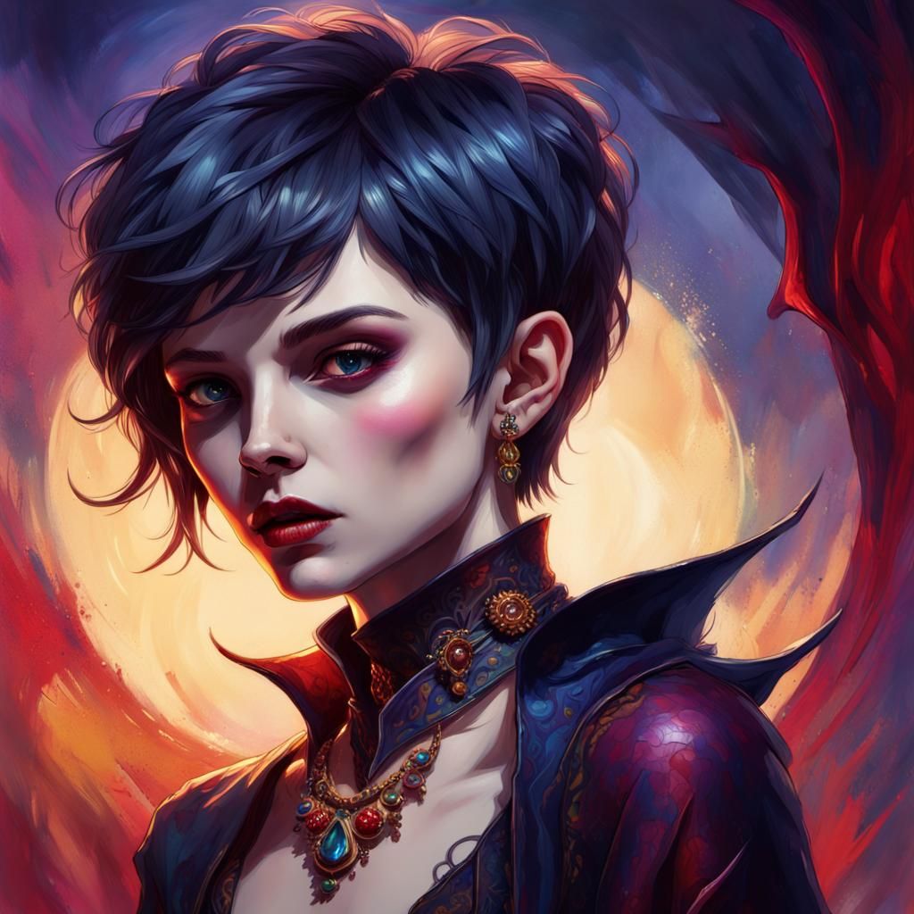 Vampire with Pixie Cut in Colorful Splash Art Style