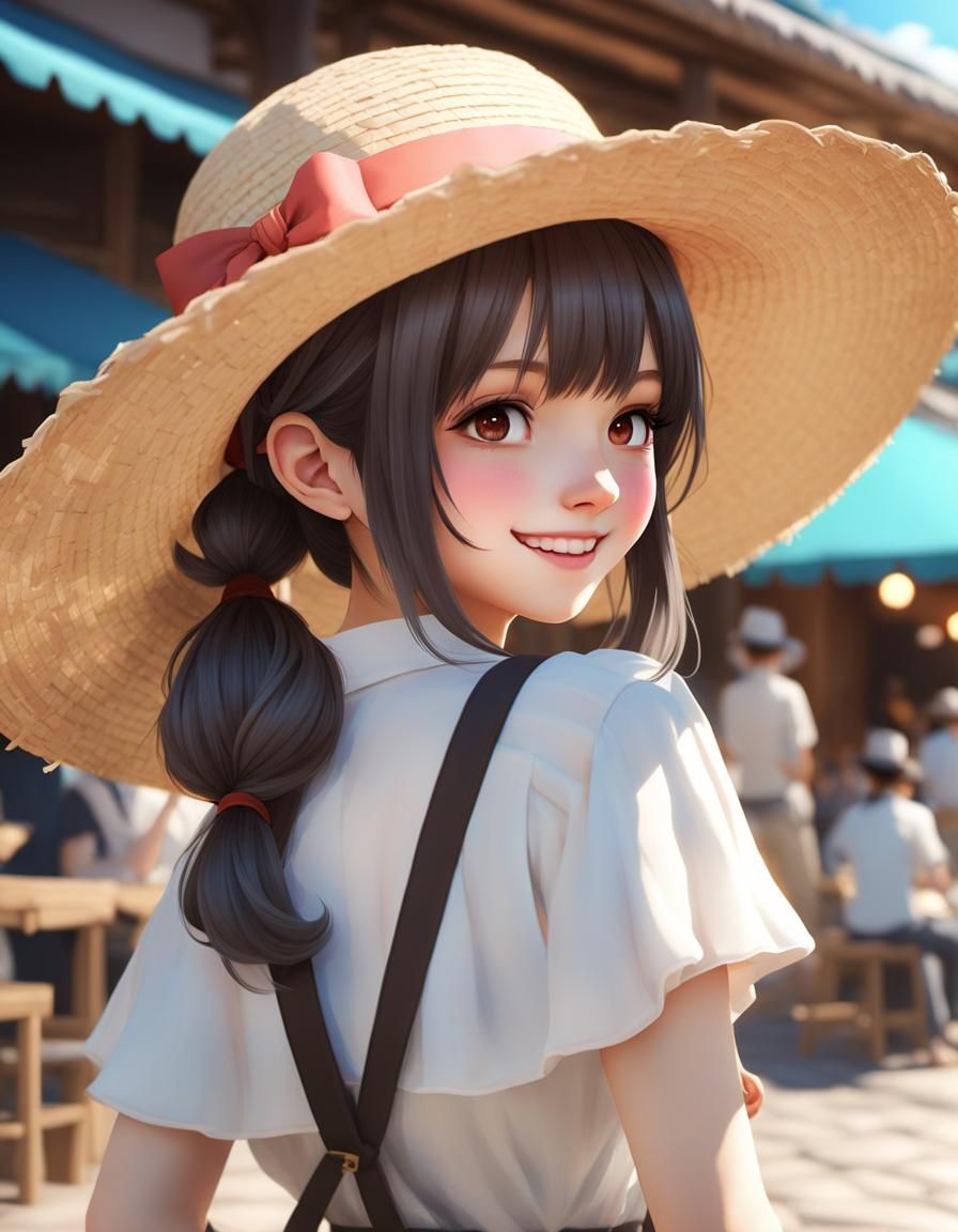 Cute Girl with Straw Hat in Anime Style