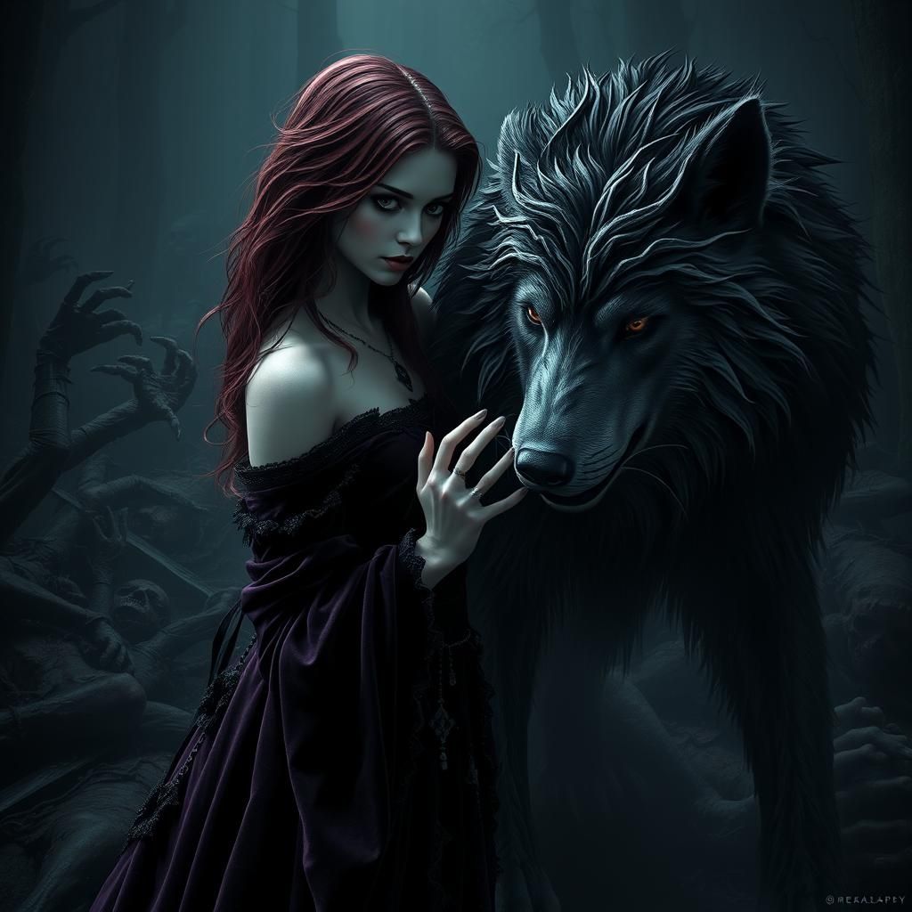 Gothic Woman Calms Werewolf in Dark Fantasy Scene