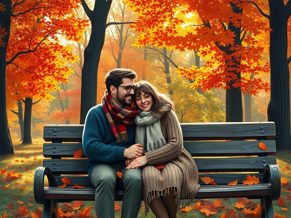 Autumnal Embrace: Couple in Impressionistic Park