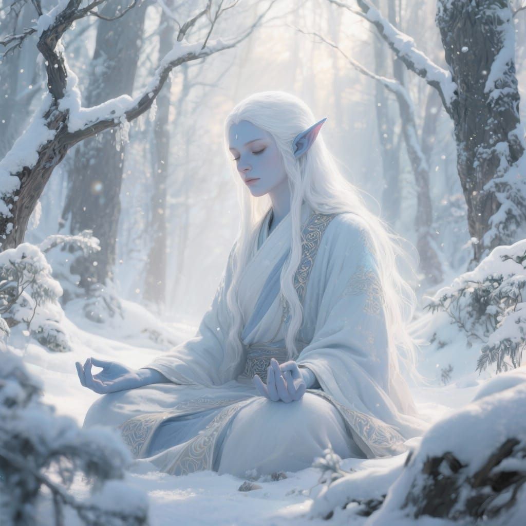 Elven Monk Meditating in Enchanted Winter Forest