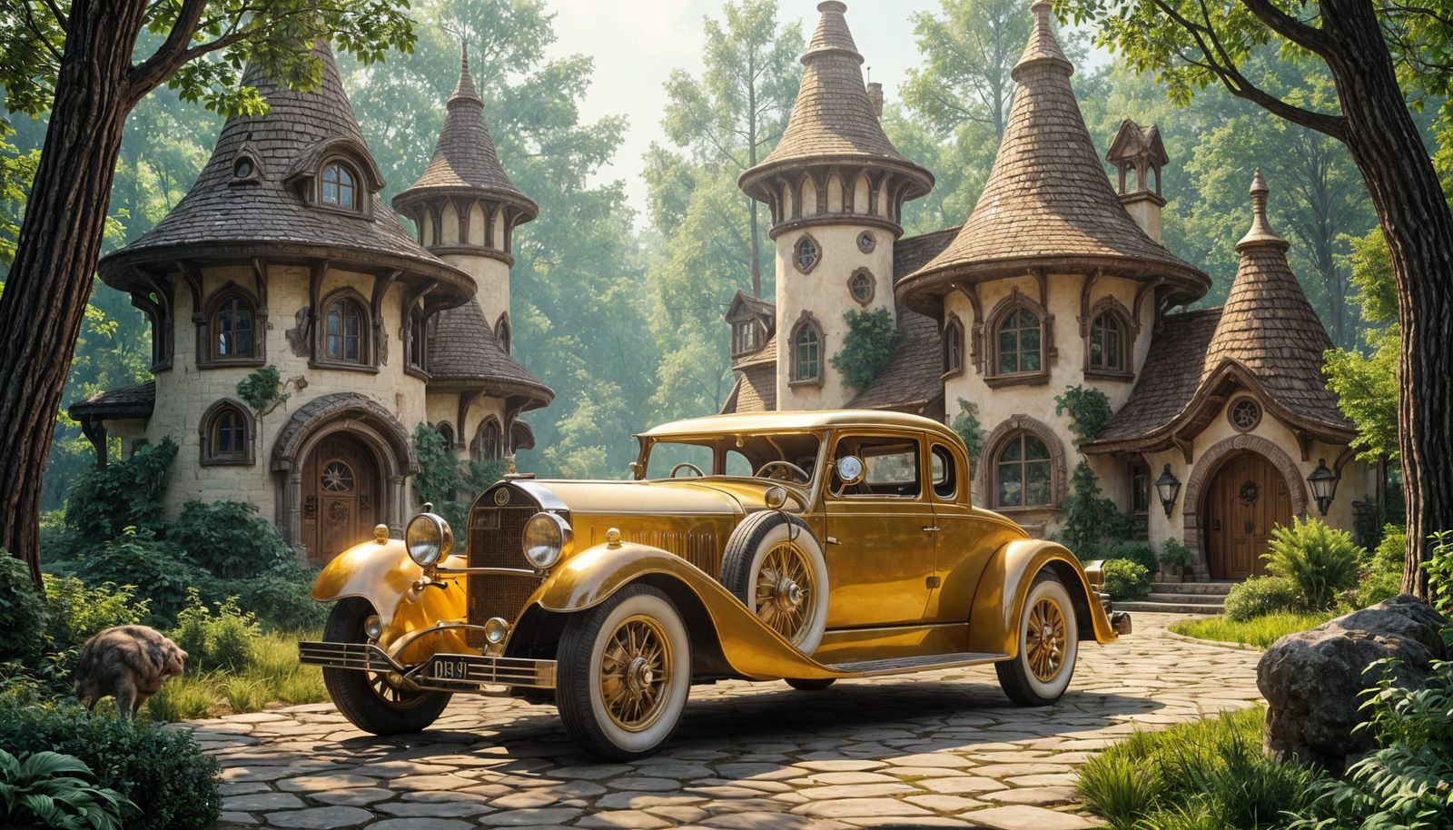 Intricate 1915 Golden Car Near Elven Cottages