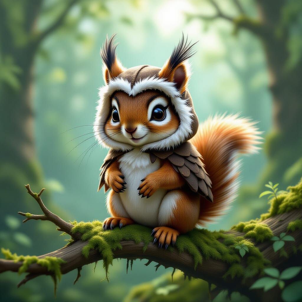 Squirrel in Owl Costume on Forest Branch
