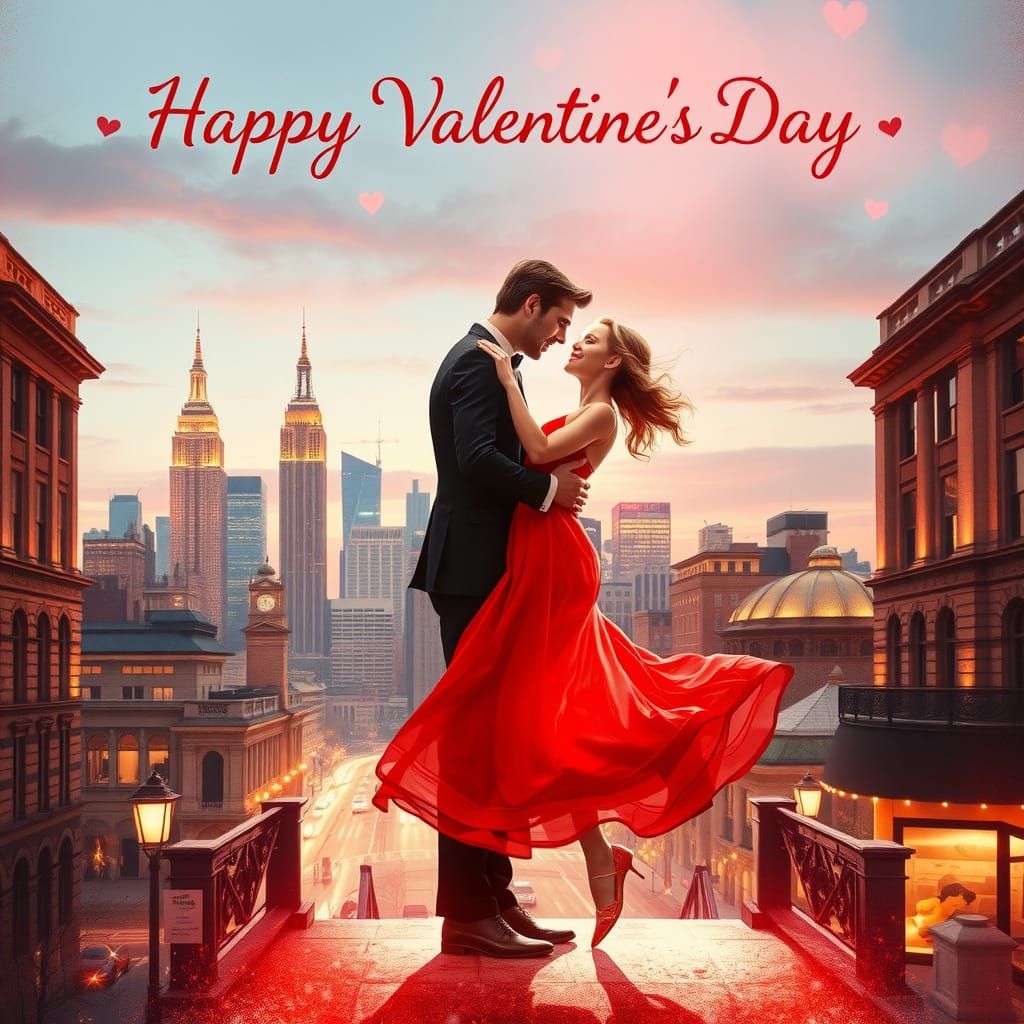 Romantic Cityscape Valentine's Day Card in Whimsical Double ...