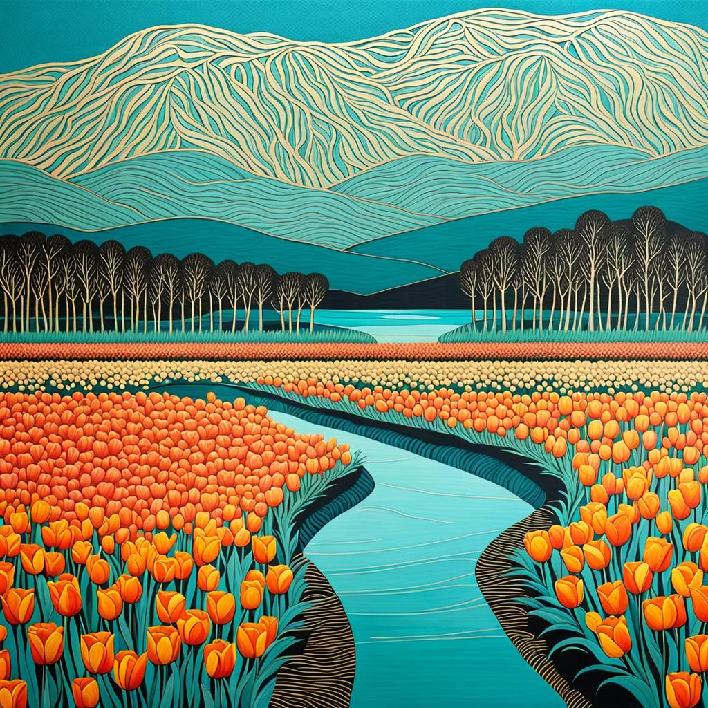 Hyperrealistic Rowing Boat on River with Tulip Field