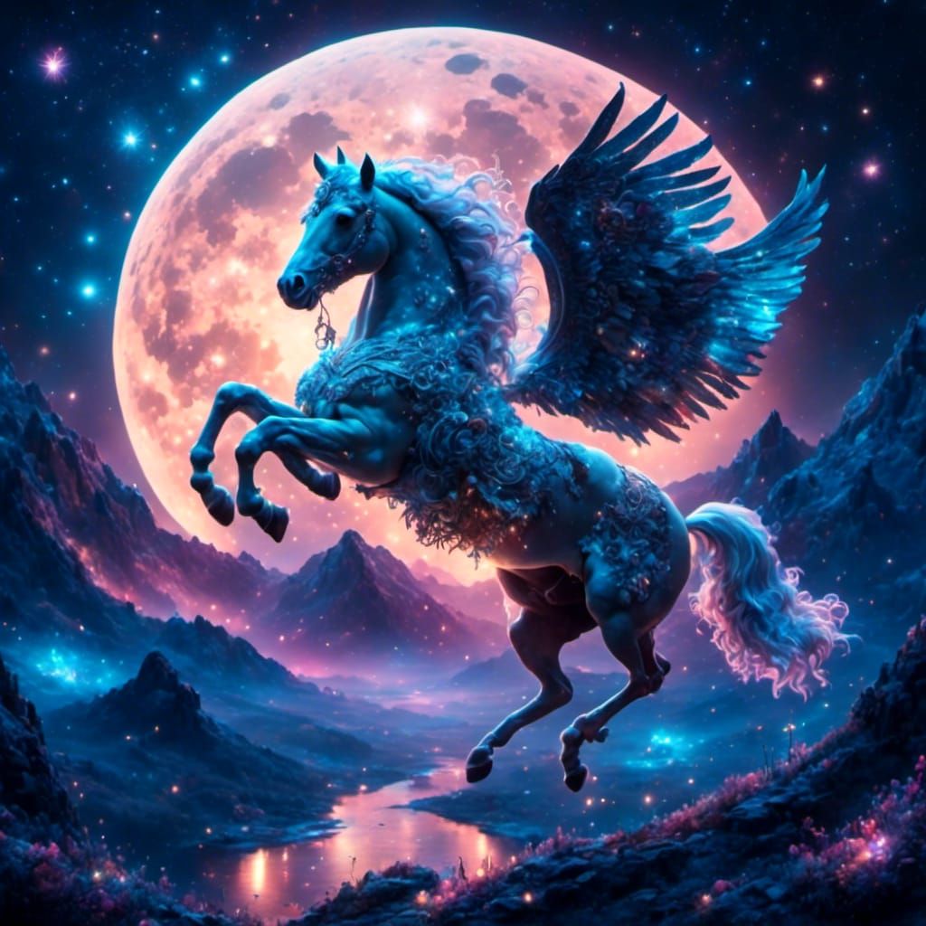 Pegasus Flight Through Moon and Stars