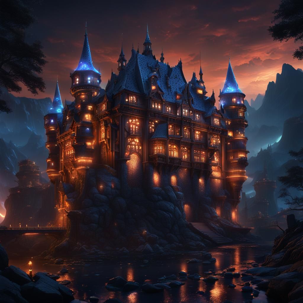 Cyberpunk Castle at Night: Detailed Matte Painting