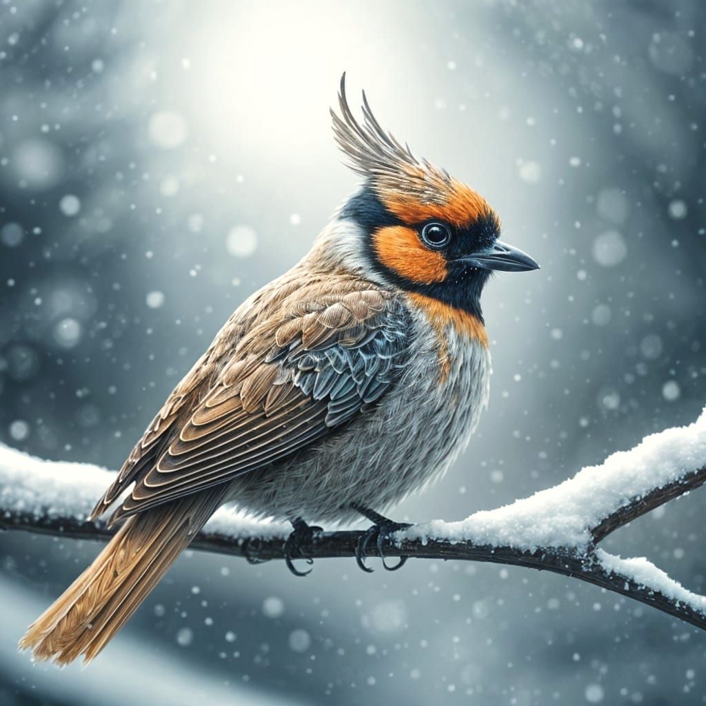 Musical Snowbird Perched on Snowy Branch