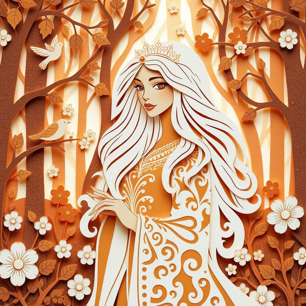 Ethereal Forest Goddess in Whimsical Paper Cut-Out Style