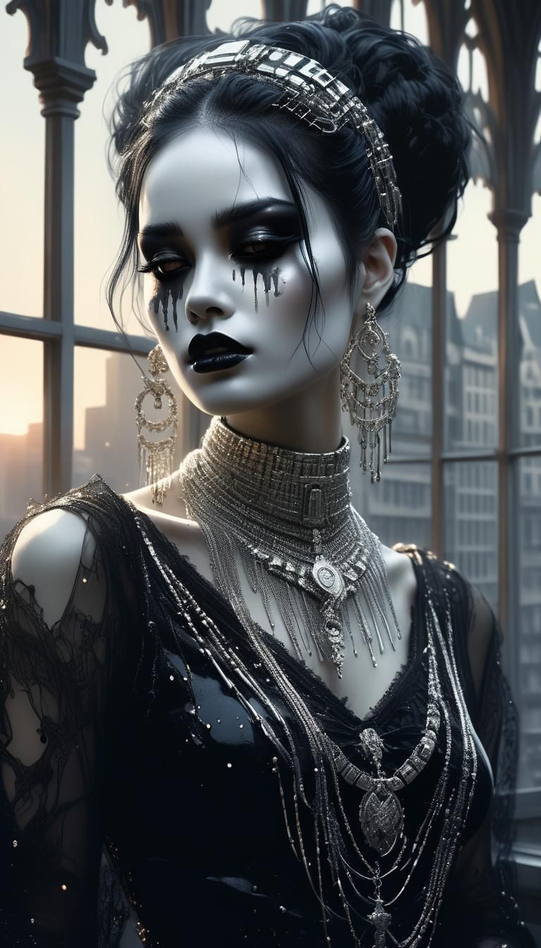 Gothic Girl in City at Sunrise, Maximalist Oil Painting