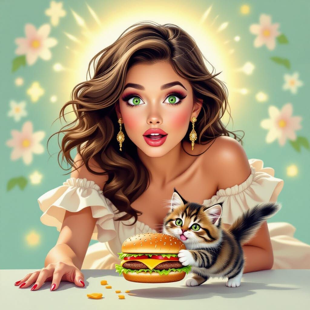 Kitten Steals Cheeseburger from Glamorous Woman