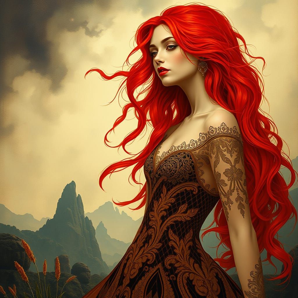 Fiery Woman in Victorian-Inspired Gown Amidst Symbolist Drea...