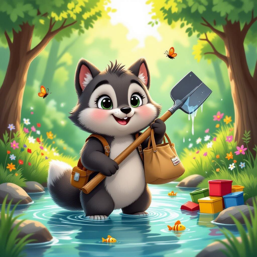 Heroic Ferret Cleans a Sparkling River, Watercolor