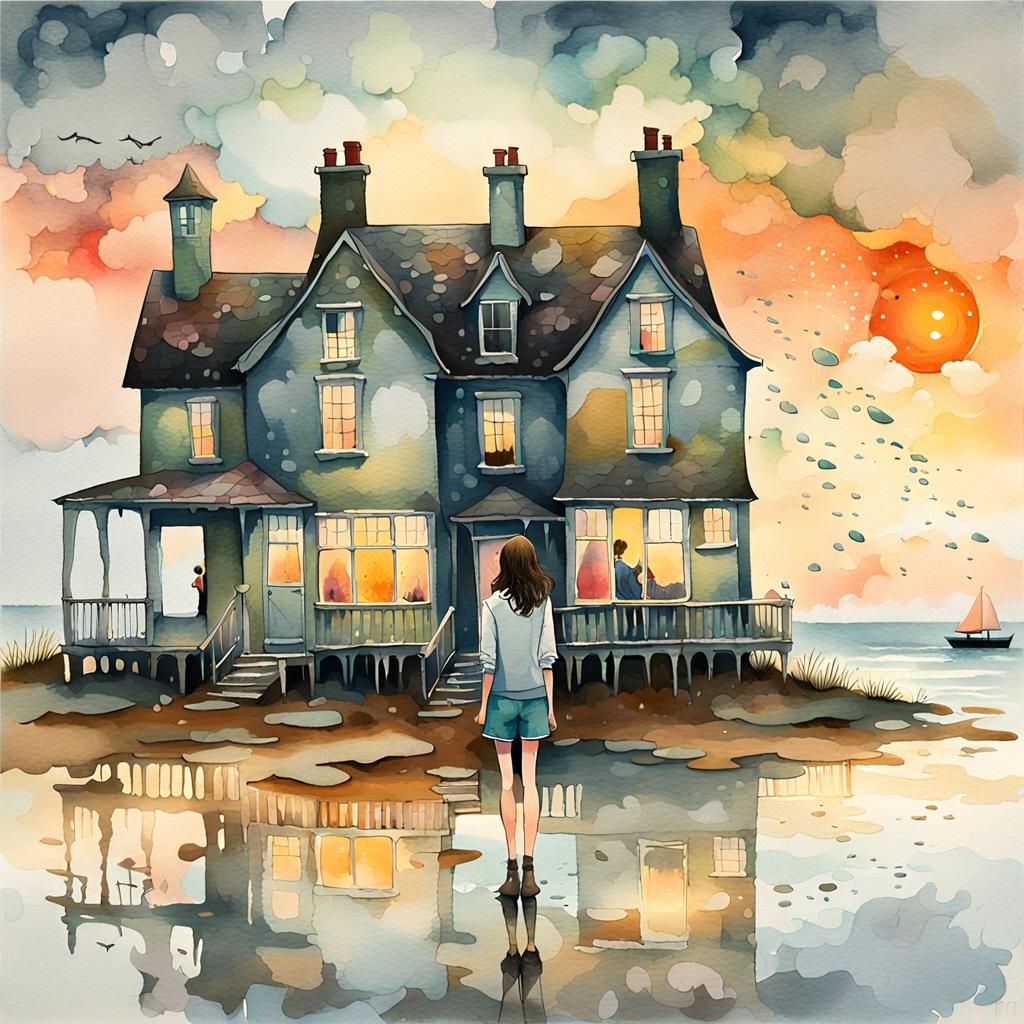 Whimsical Surreal Seaside Manor Watercolor