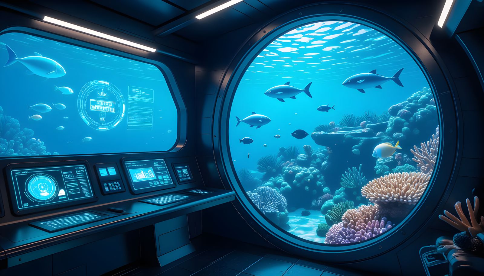 Futuristic Underwater Control Room with Holographic Displays