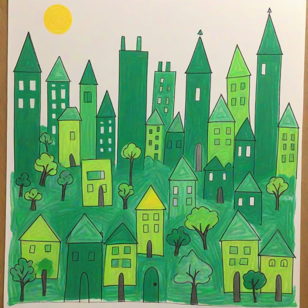 Naive Green Cityscape in Crayon and Pencil