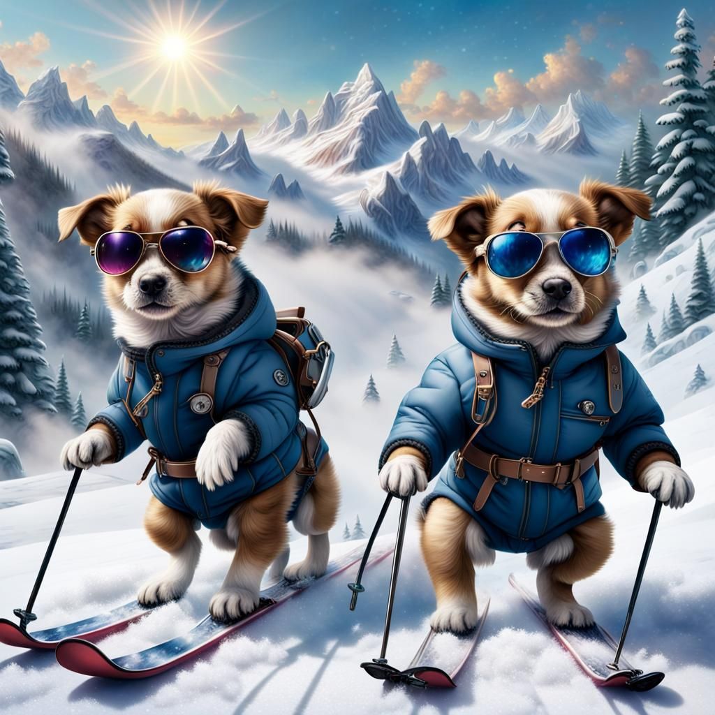Puppies Skiing Downhill in Winter Suits