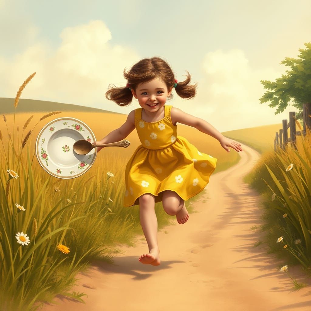 Girl Chasing Dish and Spoon in Summer Landscape