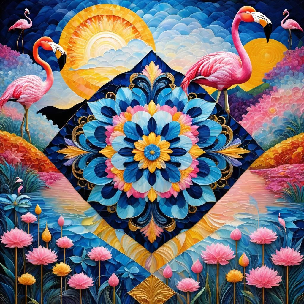 Flamingos in Van Gogh Style with Starry Floral Backdrop