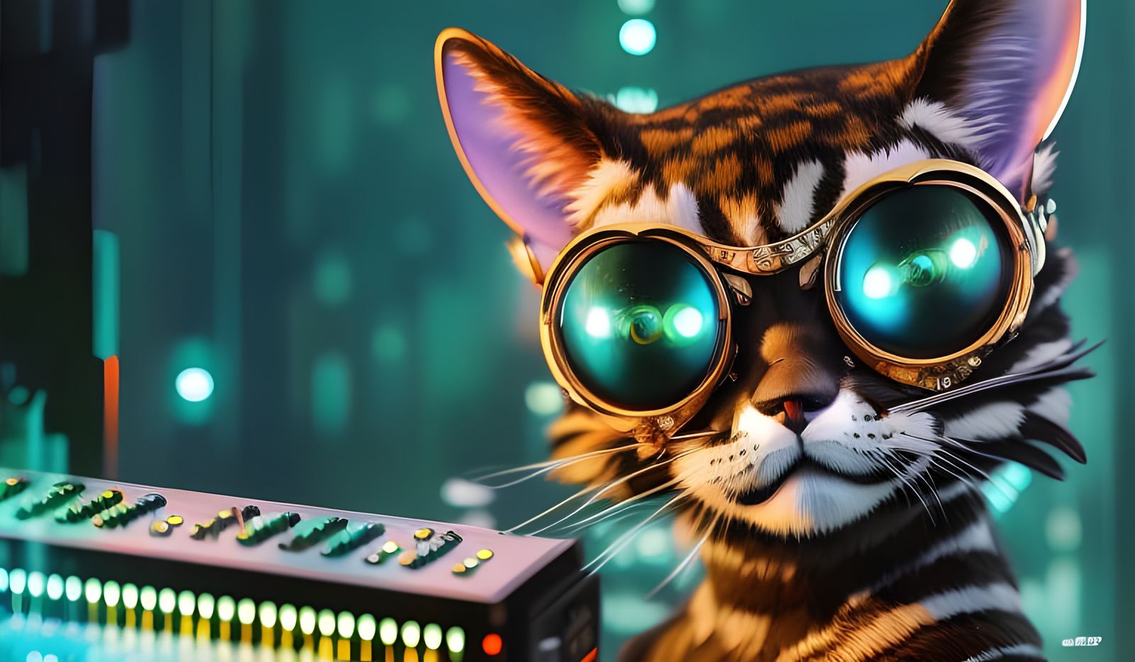 Cybernetic Cat Plays Synth in Anime Cyberpunk Style