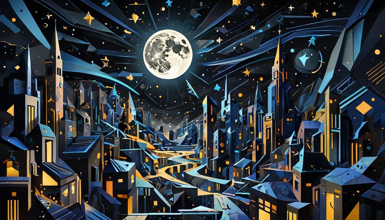 Wolf Pack Howling at Moon in Cubist Style