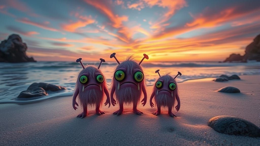 Whimsical Beach Monsters in Bittersweet Sunset Scene