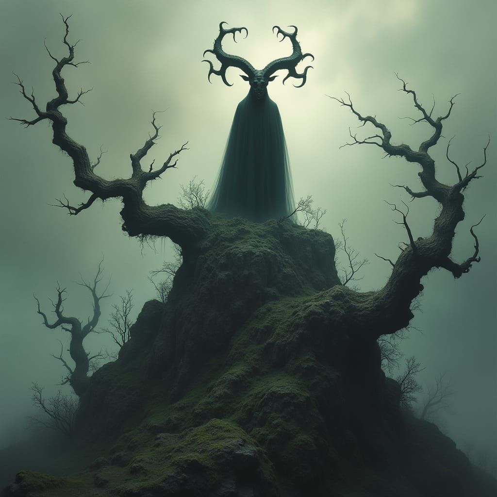 Foreboding Capricorn Figure in Dark, Fantastical Landscape