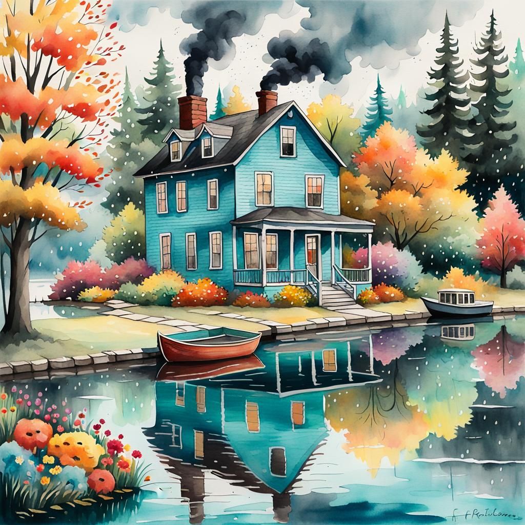 Whimsical Watercolor House by Pond in Autumn