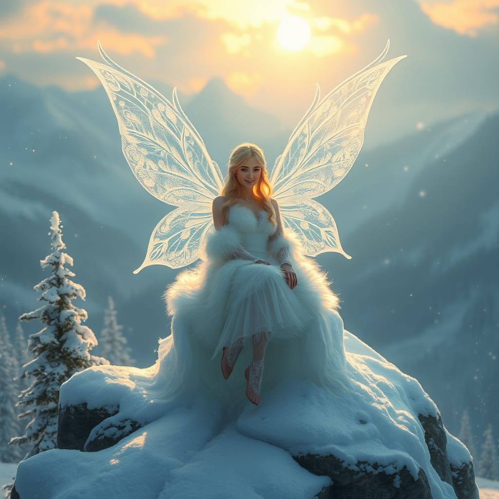 Winter Fairy on Ice Throne with Snowy Mountain