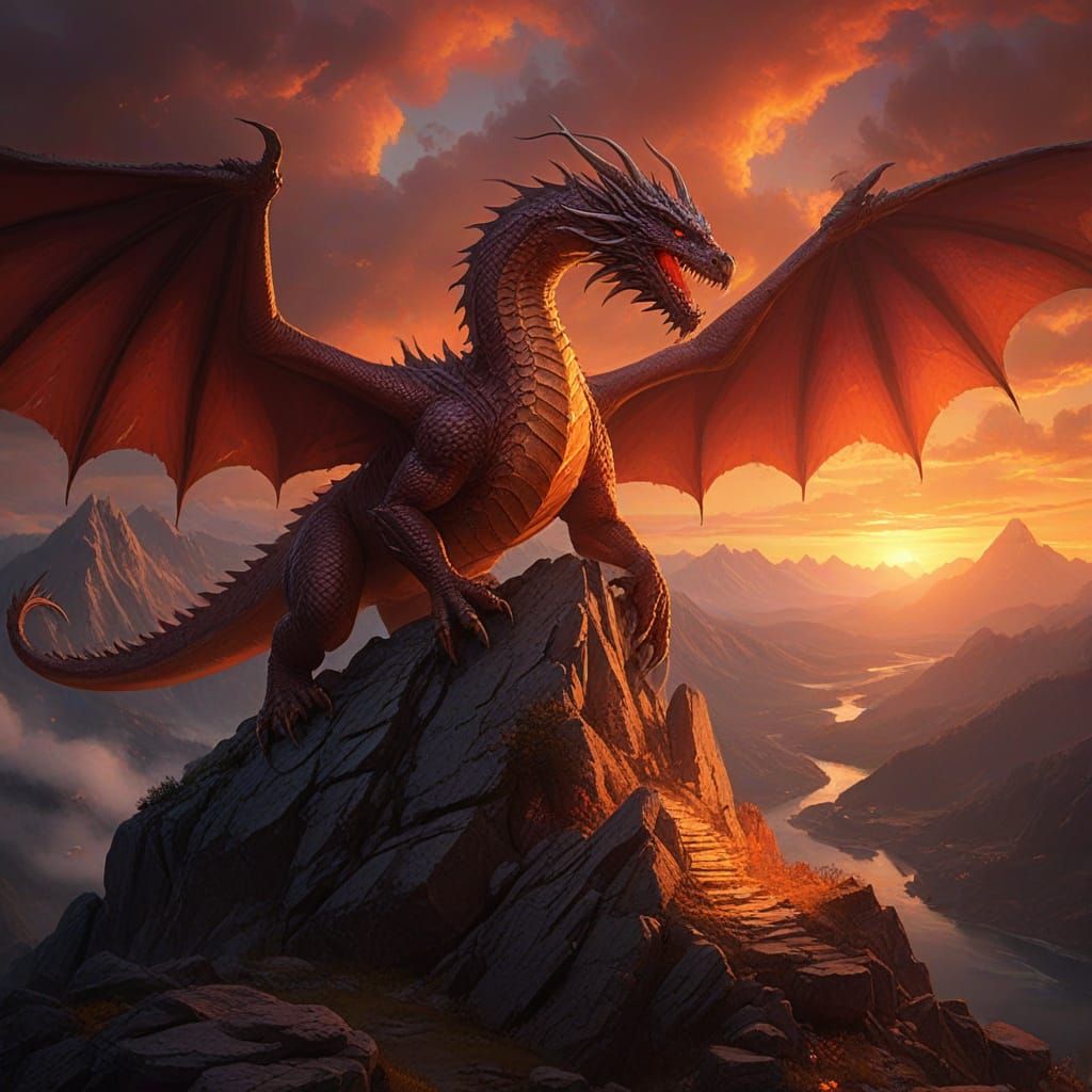 Fearsome Dragon Over Burning Village in Dramatic Sunset