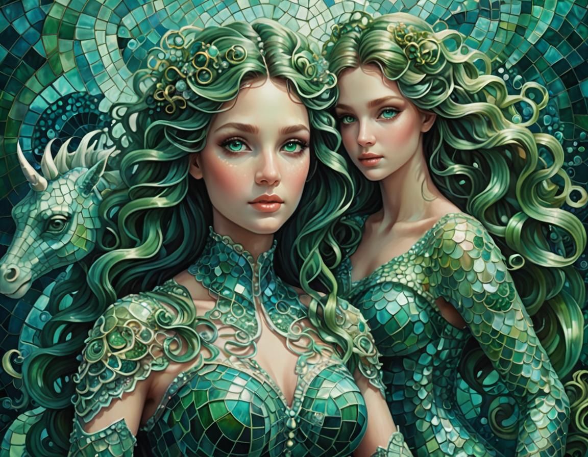 Magical Realism: Mermaids on Seahorses in Emerald Light