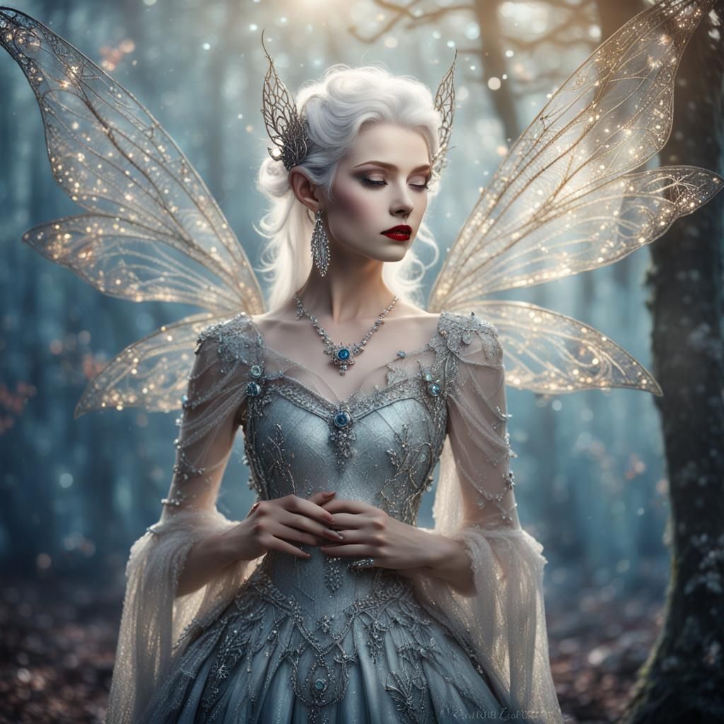 Beautiful Elfin Fairy with Silver Rococo Gown