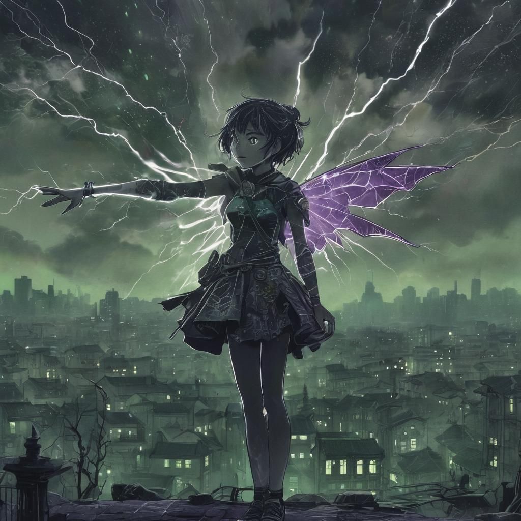 Urban Punk Fairy in a Dark Ghibli-Inspired Realm
