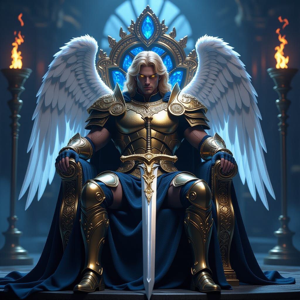Powerful Angel on Diamond Throne with Golden Sword