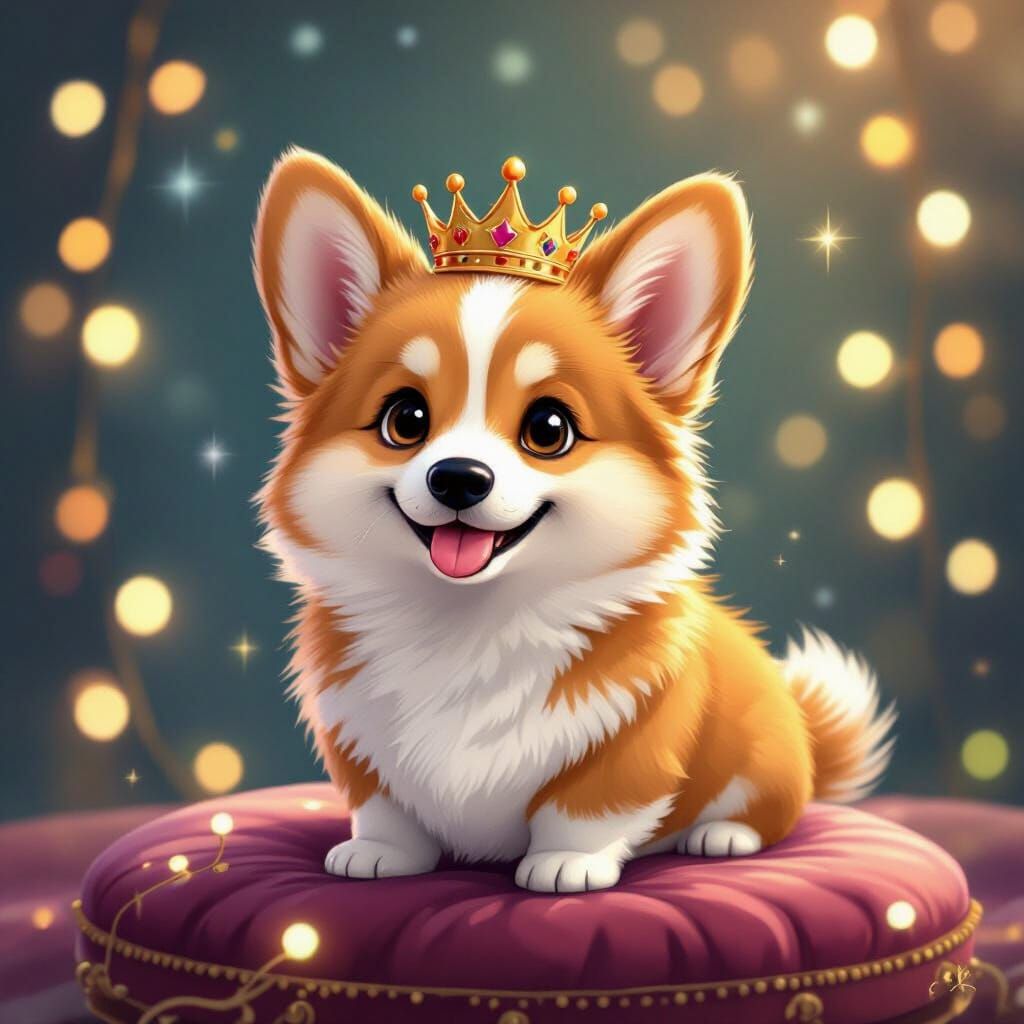 Cute Corgi King Crowned on Velvet Cushion