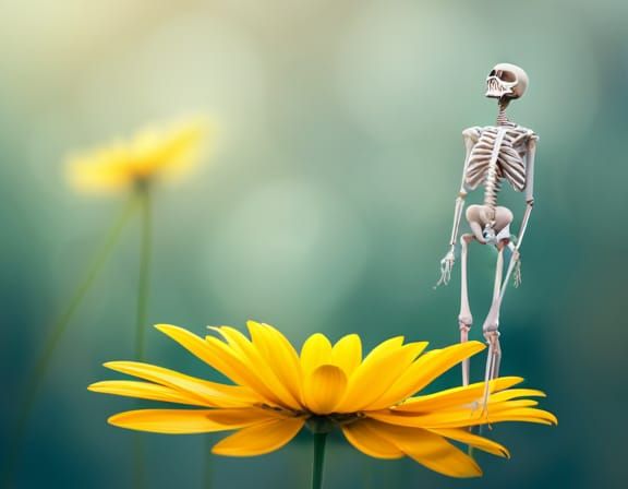 Miniature Skeleton Under a Daisy Flower