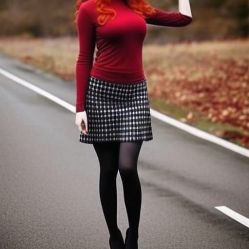 Attractive Ginger Woman in Plaid Skirt and Leggings