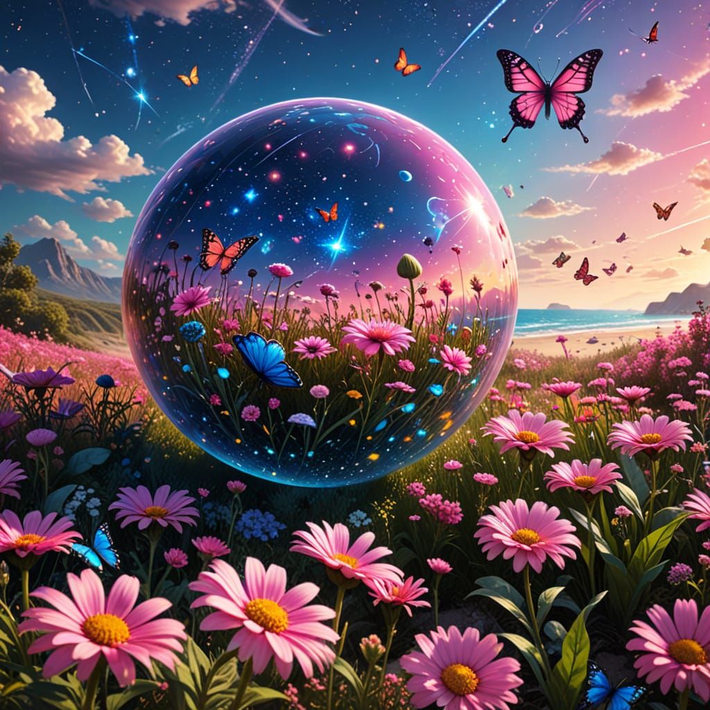 Alien Exploring Pink Meadow in Vibrant Sci-Fi Art