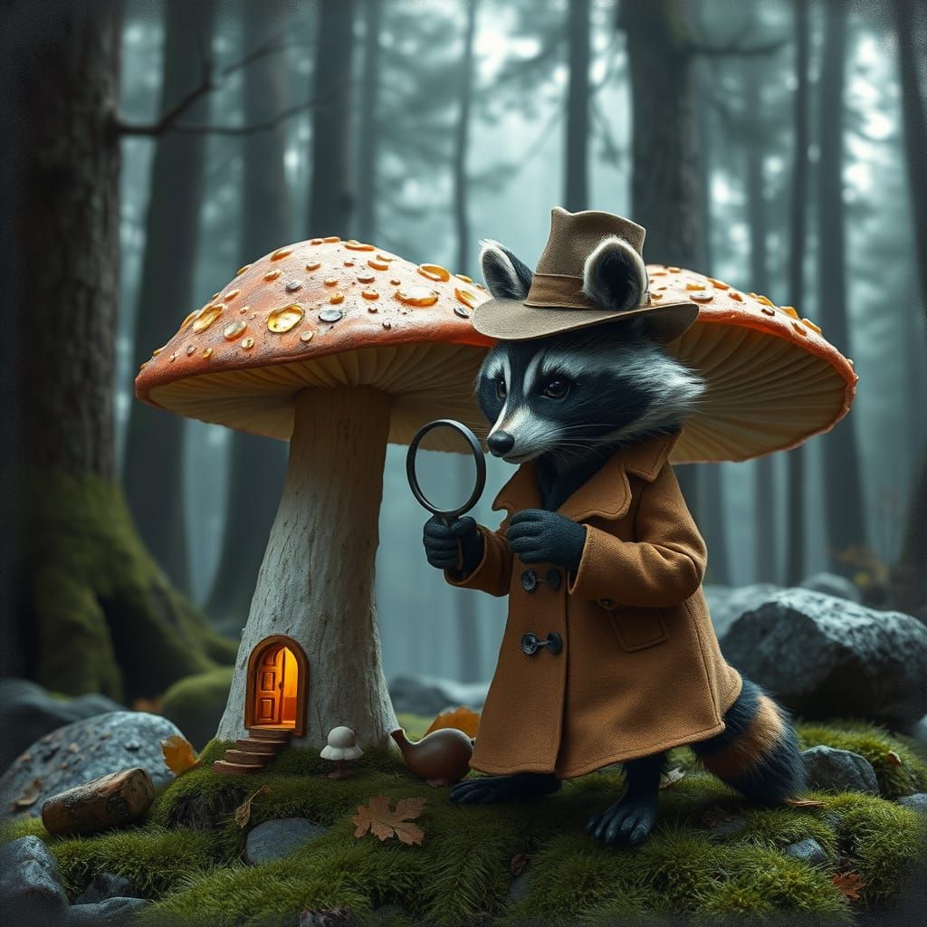 Raccoon Detective Investigates Mushroom: Film Noir Style